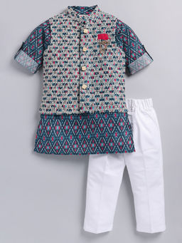 Little Collars - Boys Blue Embroidered Ikat Nehru Jacket Kurta & Pajama (Set of 3)
