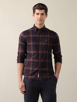 U.S. POLO ASSN. - Navy Blue Plaid Checked Tailored Fit Shirt