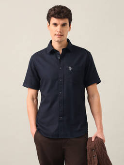 U.S. POLO ASSN. - Navy Blue Solid Tailored Fit Shirt