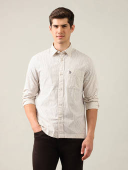 U.S. Polo Assn. Denim Co. - Beige Vertical Striped Comfort Fit Shirt
