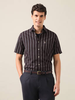 U.S. POLO ASSN. - Brown Vertical Striped Dobby Shirt