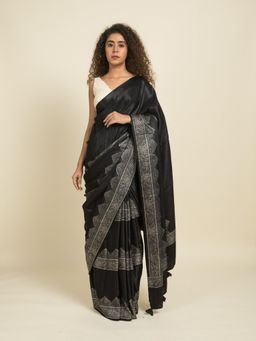 Suta - Black Floral Border Print Modal Saree