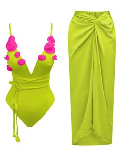 FancyPants - Women Green Solid Swimsuit with Skirt (Set of 2)