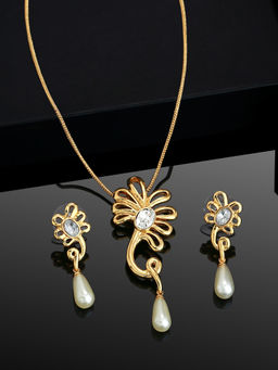 Estele - Gold Plated Floral Designer Necklace Set With Crystals And Pearl For Women (Set of 2)