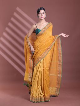 CHARUKRITI - Yellow Pure Cotton Zari Stripe Soft Saree with Unstitched Blouse
