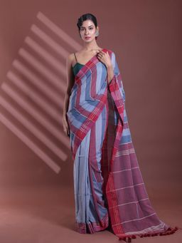 CHARUKRITI - Grey Pure Cotton Handloom Soft Stripe Pattern Saree with Unstitched Blouse