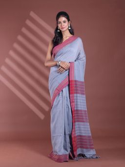 CHARUKRITI - Grey Pure Cotton Handloom Soft Stripe Pattern Saree with Unstitched Blouse
