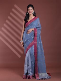 CHARUKRITI - Grey Pure Cotton Handloom Soft Stripe Pattern Saree with Unstitched Blouse