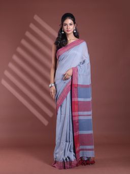 CHARUKRITI - Grey Pure Cotton Handloom Soft Stripe Pattern Saree with Unstitched Blouse