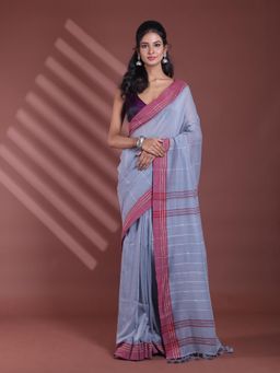 CHARUKRITI - Grey Stripe Pattern Pure Cotton Woven Soft Contrast Border Saree with Unstitched Blouse