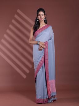 CHARUKRITI - Grey Pure Cotton Woven Soft Contrast Border Saree with Unstitched Blouse