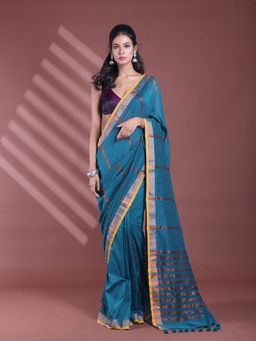 CHARUKRITI - Teal Pure Cotton Woven Zari Stripe Soft Saree with Unstitched Blouse