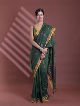 CHARUKRITI - Forest Green Pure Cotton Woven Zari Stripe Soft Saree with Unstitched Blouse
