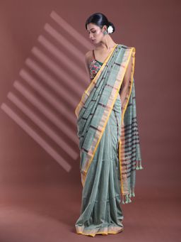 CHARUKRITI - Pistachio Green Pure Cotton Woven Zari Stripe Soft Saree with Unstitched Blouse
