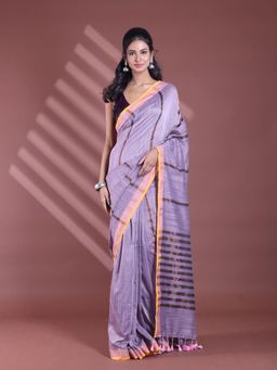 CHARUKRITI - Grey Pure Cotton Woven Zari Stripe Soft Saree with Unstitched Blouse