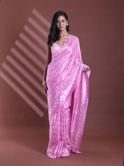 CHARUKRITI - Pink Silk Soft Print Saree with Unstitched Blouse