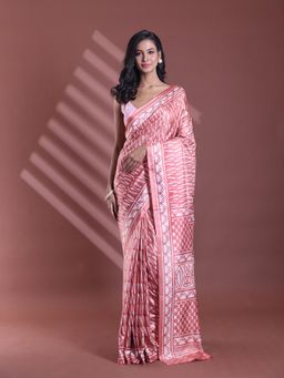 CHARUKRITI - Blush Peach Silk Soft Print Saree with Unstitched Blouse