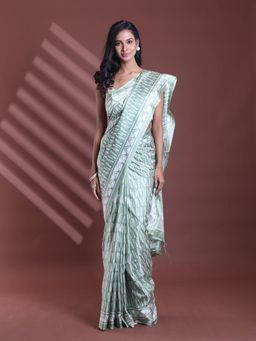 CHARUKRITI - Mint Green Silk Soft Print Saree with Unstitched Blouse