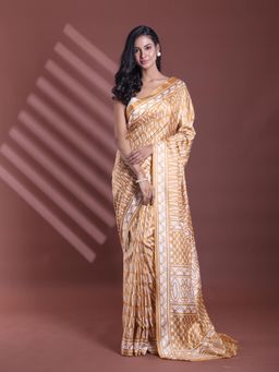CHARUKRITI - Ochre Yellow Silk Soft Print Saree with Unstitched Blouse