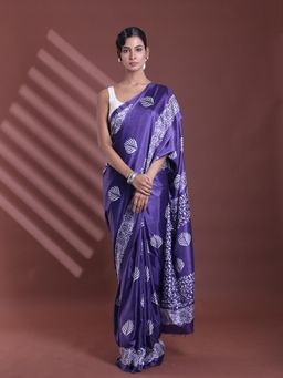CHARUKRITI - Navy Blue Silk Soft Printed Saree with Unstitched Blouse