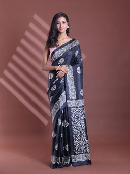CHARUKRITI - Black Silk Soft Printed Saree with Unstitched Blouse