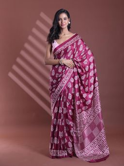 CHARUKRITI - Dark Purple Silk Soft Paisley Print Saree with Unstitched Blouse