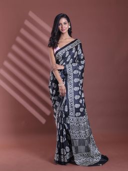 CHARUKRITI - Black Silk Soft Paisley Print Saree with Unstitched Blouse