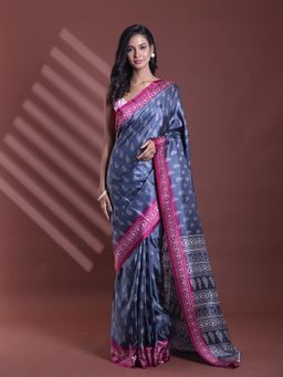 CHARUKRITI - Grey Silk Soft Paisley Print Saree with Unstitched Blouse