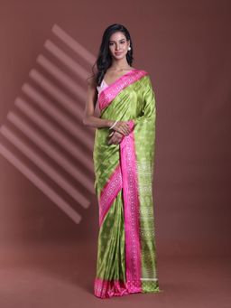 CHARUKRITI - Green Silk Soft Paisley Print Saree with Unstitched Blouse