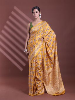CHARUKRITI - Mustard Silk Soft Printed Saree with Unstitched Blouse