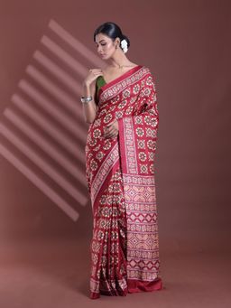 CHARUKRITI - Dark Red Silk Soft Printed Saree with Unstitched Blouse