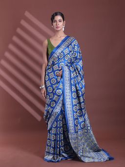CHARUKRITI - Blue Silk Soft Printed Saree with Unstitched Blouse
