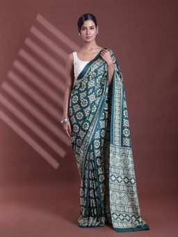 CHARUKRITI - Green Silk Soft Printed Saree with Unstitched Blouse