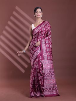 CHARUKRITI - Burgundy Silk Soft Printed Saree with Unstitched Blouse