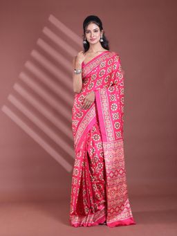 CHARUKRITI - Pink Silk Soft Printed Saree with Unstitched Blouse
