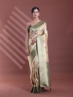 CHARUKRITI - Yellow Floral Print Silk Soft Saree with Unstitched Blouse