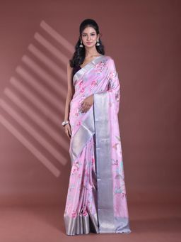 CHARUKRITI - Pink Floral Print Silk Soft Saree with Unstitched Blouse