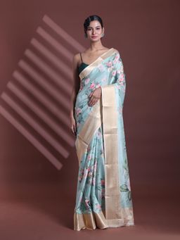 CHARUKRITI - Mint Green Floral Print Silk Soft Saree with Unstitched Blouse