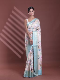 CHARUKRITI - Cream Floral Print Silk Soft Saree with Unstitched Blouse