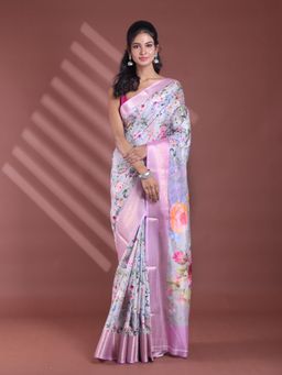 CHARUKRITI - Ecru Floral Print Silk Soft Saree with Unstitched Blouse