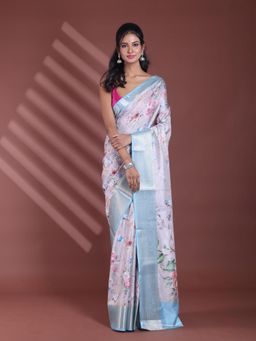 CHARUKRITI - Light Beige Floral Print Silk Soft Saree with Unstitched Blouse