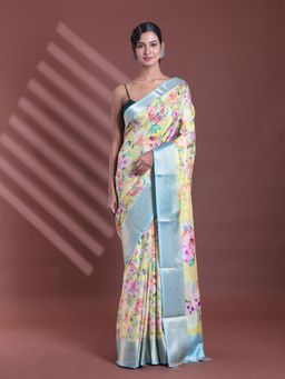 CHARUKRITI - Yellow Floral Print Silk Soft Saree with Unstitched Blouse