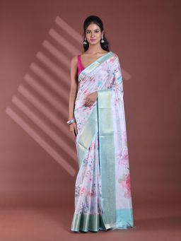 CHARUKRITI - Steel Grey Floral Print Silk Soft Saree with Unstitched Blouse