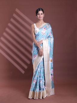 CHARUKRITI - Sky Blue Floral Print Silk Soft Saree with Unstitched Blouse