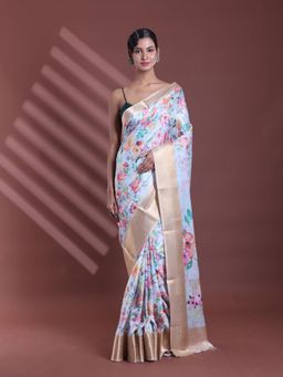 CHARUKRITI - Sky Blue Floral Print Silk Soft Saree with Unstitched Blouse