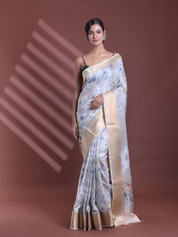 CHARUKRITI - Ecru Floral Print Silk Soft Saree with Unstitched Blouse
