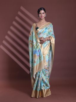CHARUKRITI - Light Green Floral Print Silk Soft Saree with Unstitched Blouse