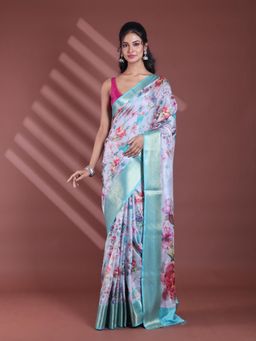 CHARUKRITI - Grey Floral Print Silk Soft Saree with Unstitched Blouse