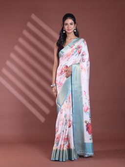 CHARUKRITI - Off White Floral Print Silk Soft Saree with Unstitched Blouse
