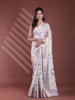 CHARUKRITI - Light Yellow Floral Print Silk Soft Saree with Unstitched Blouse